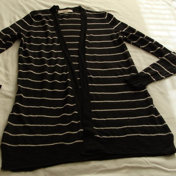 ANN TAYLOR LOFT Black & White STRIPE Long Sleeve SHEER Open Front CARDIGAN Sz S - Picture 2 of 6